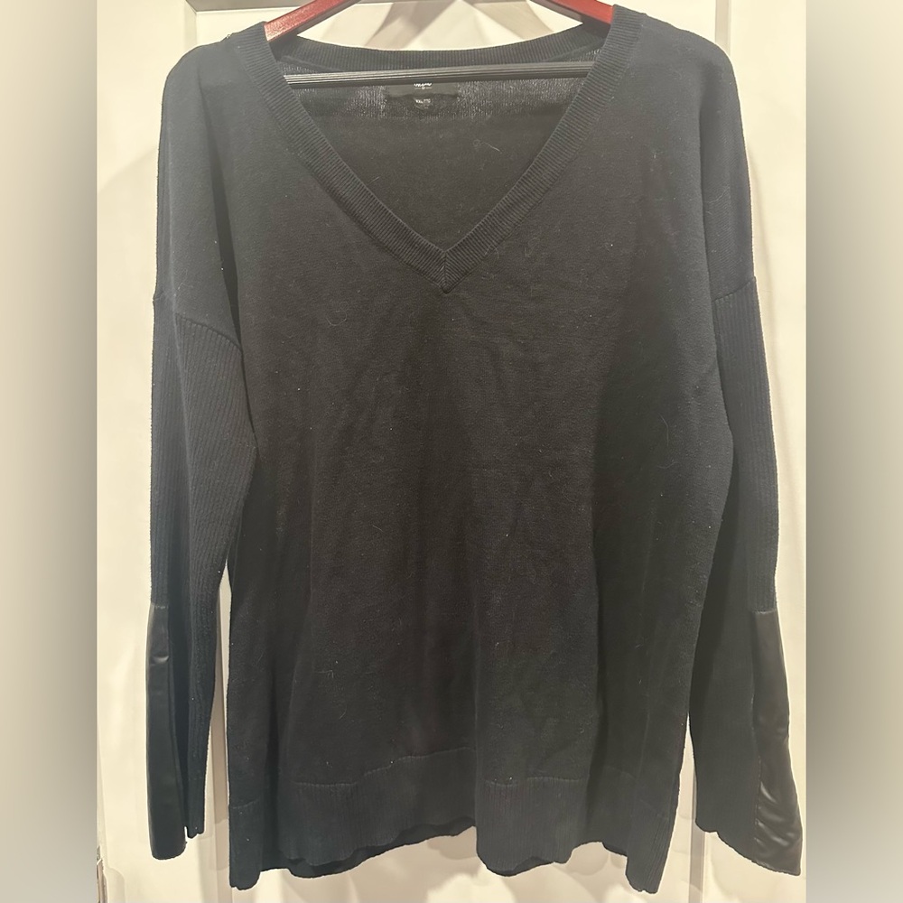 Women’s MOSSIMO Black V-Neck Sweater with vegan leather patch sleeves